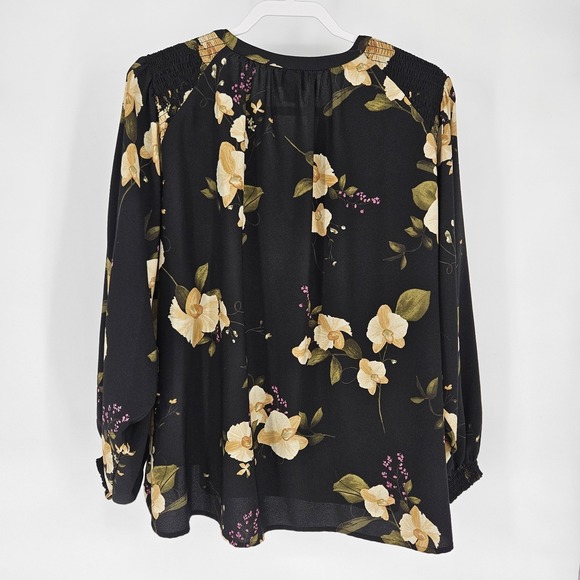 Ava & Viv Womens 1X Black Floral Smocked Split Neck Blouse Long Sleeve Top - Picture 5 of 8